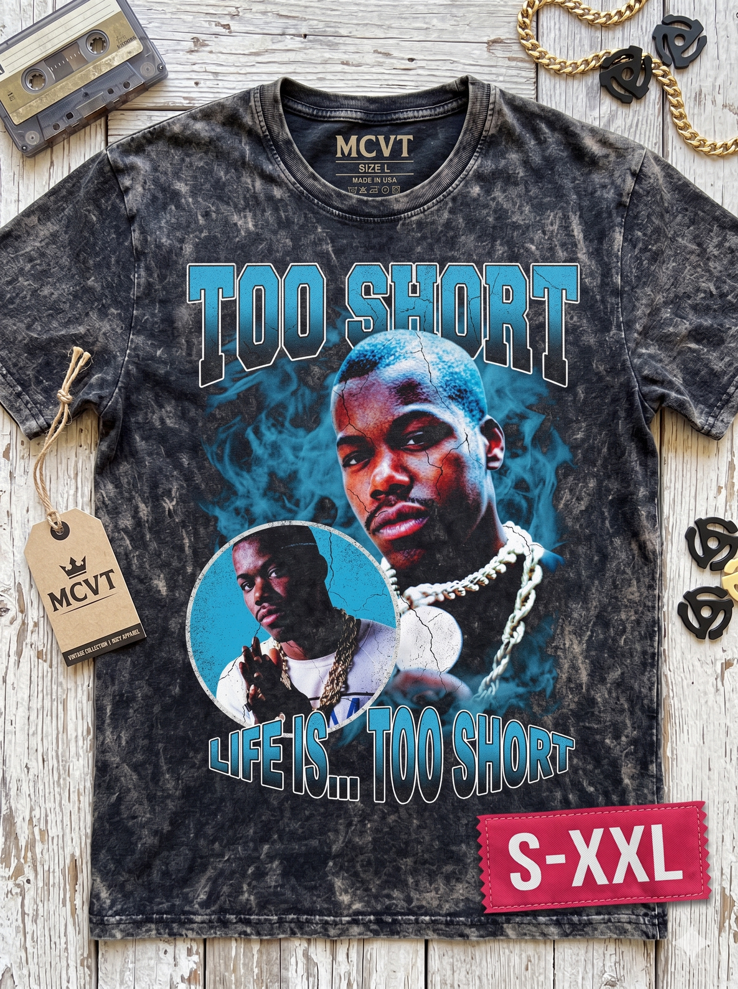 TOO SHORT Jumbo Print Acid Washed Vintage 90s Style Heavyweight T-Shirt