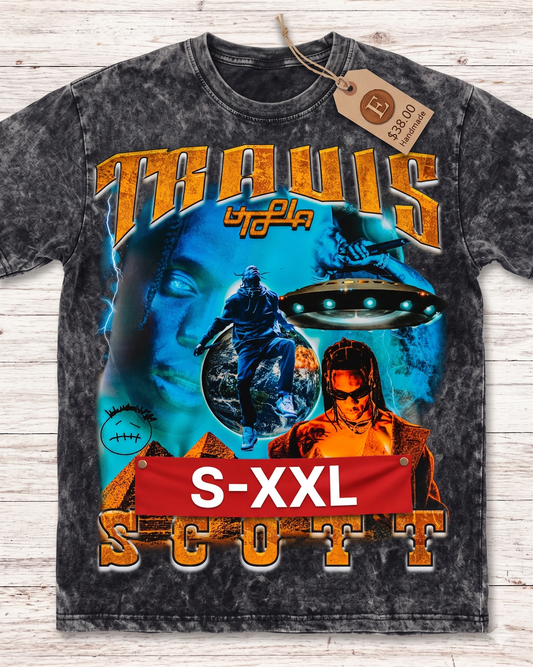 TRAVIS SCOTT Jumbo Print Acid Washed Vintage 90s Style Heavyweight T Shirt