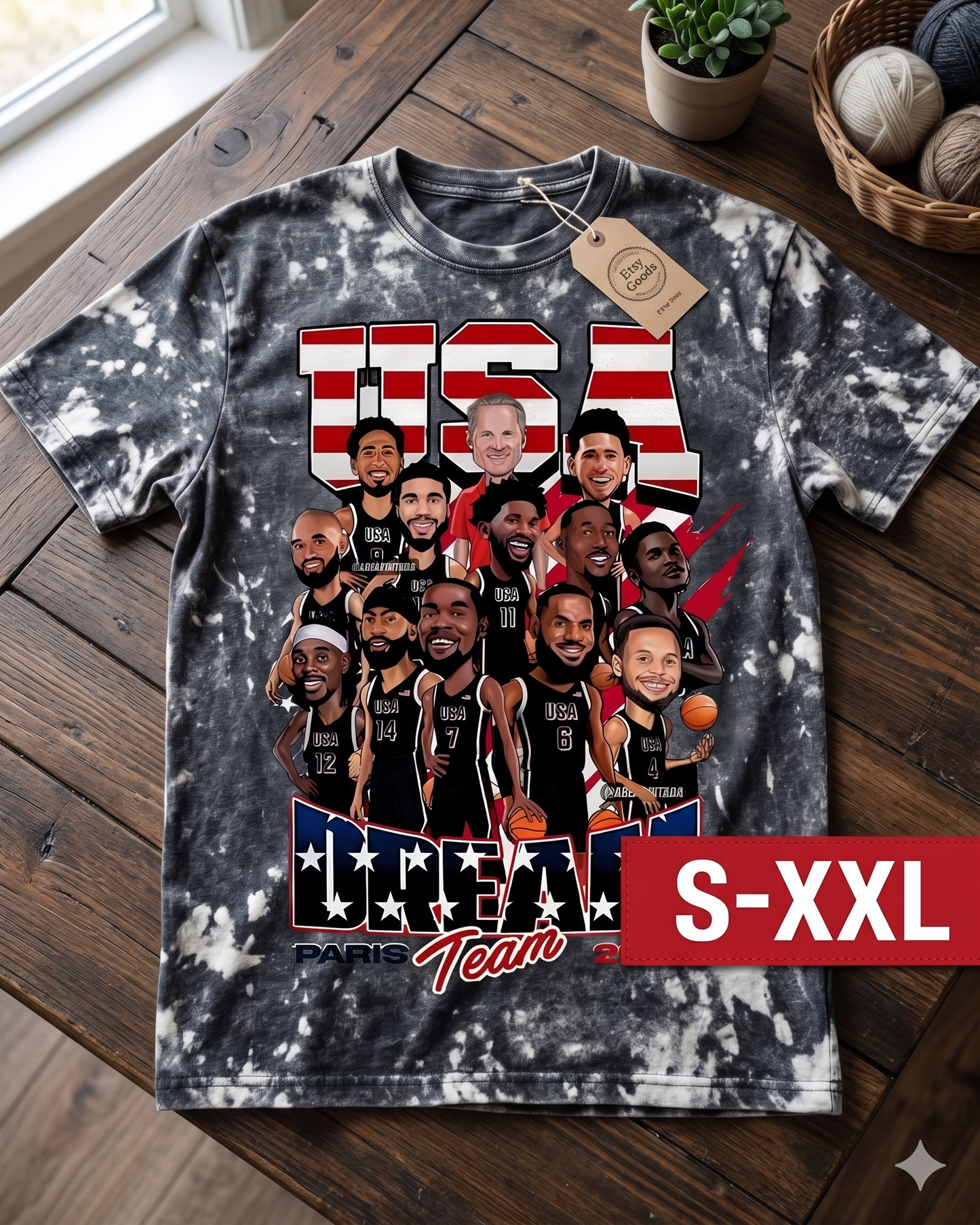 DREAM TEAM 24 CARTOON Jumbo Print Acid Washed Vintage 90s Style Heavyweight T Shirt
