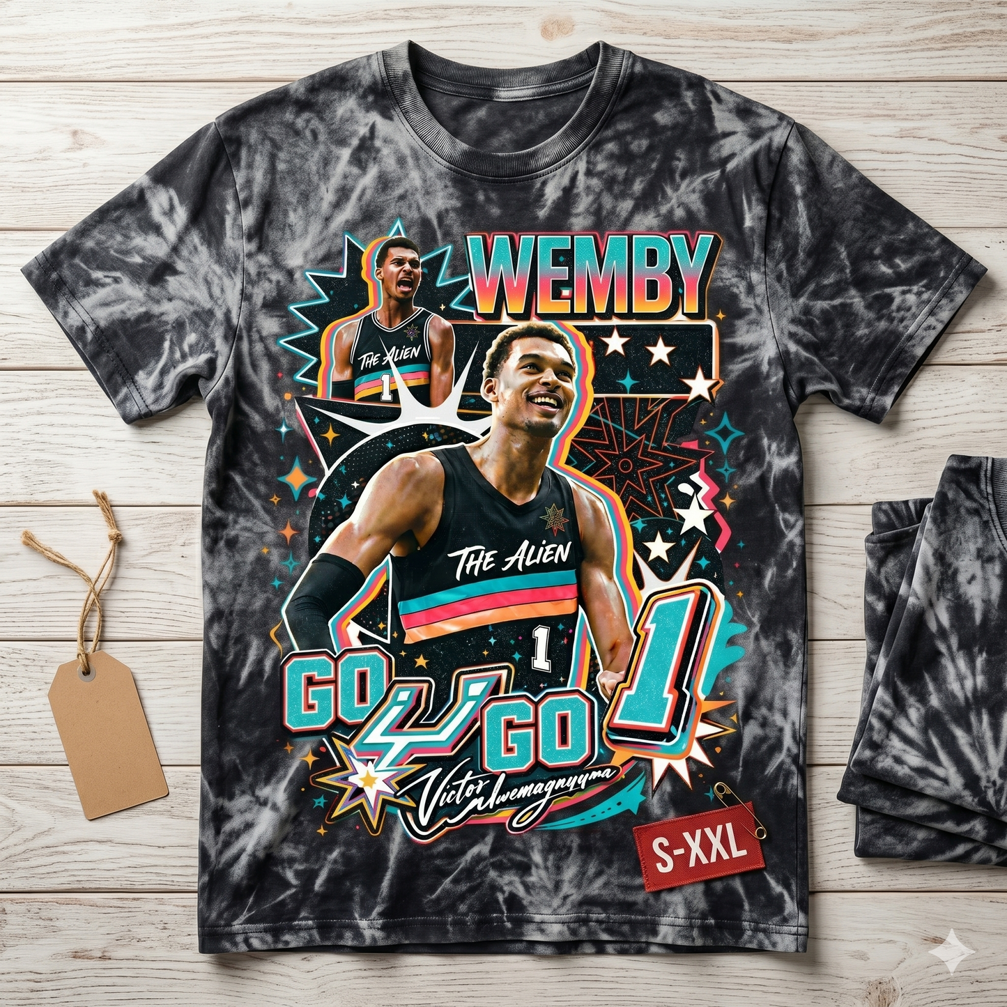 WEMBY Jumbo Print Acid Washed Vintage 90s Style Heavyweight T Shirt