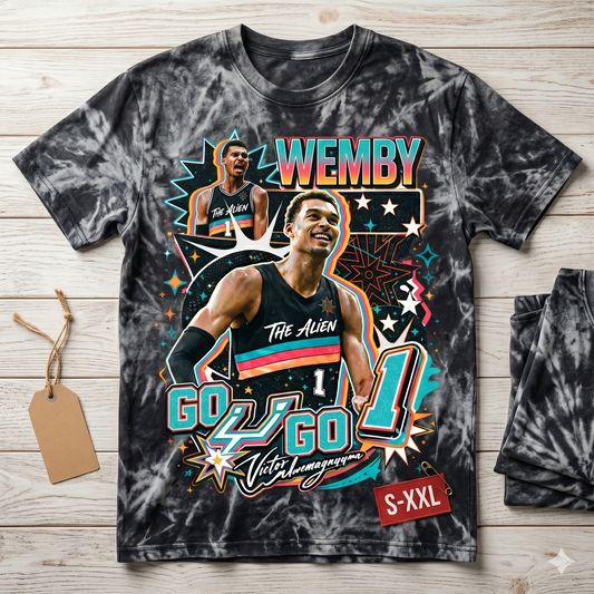 WEMBY Jumbo Print Acid Washed Vintage 90s Style Heavyweight T Shirt