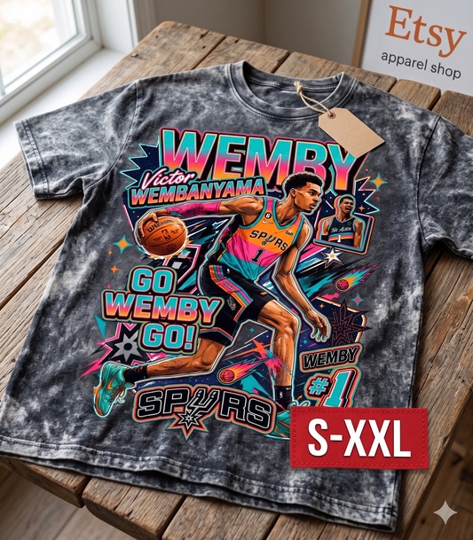 WEMBY ALIEN MODE Jumbo Print Acid Washed Vintage 90s Style Heavyweight T Shirt