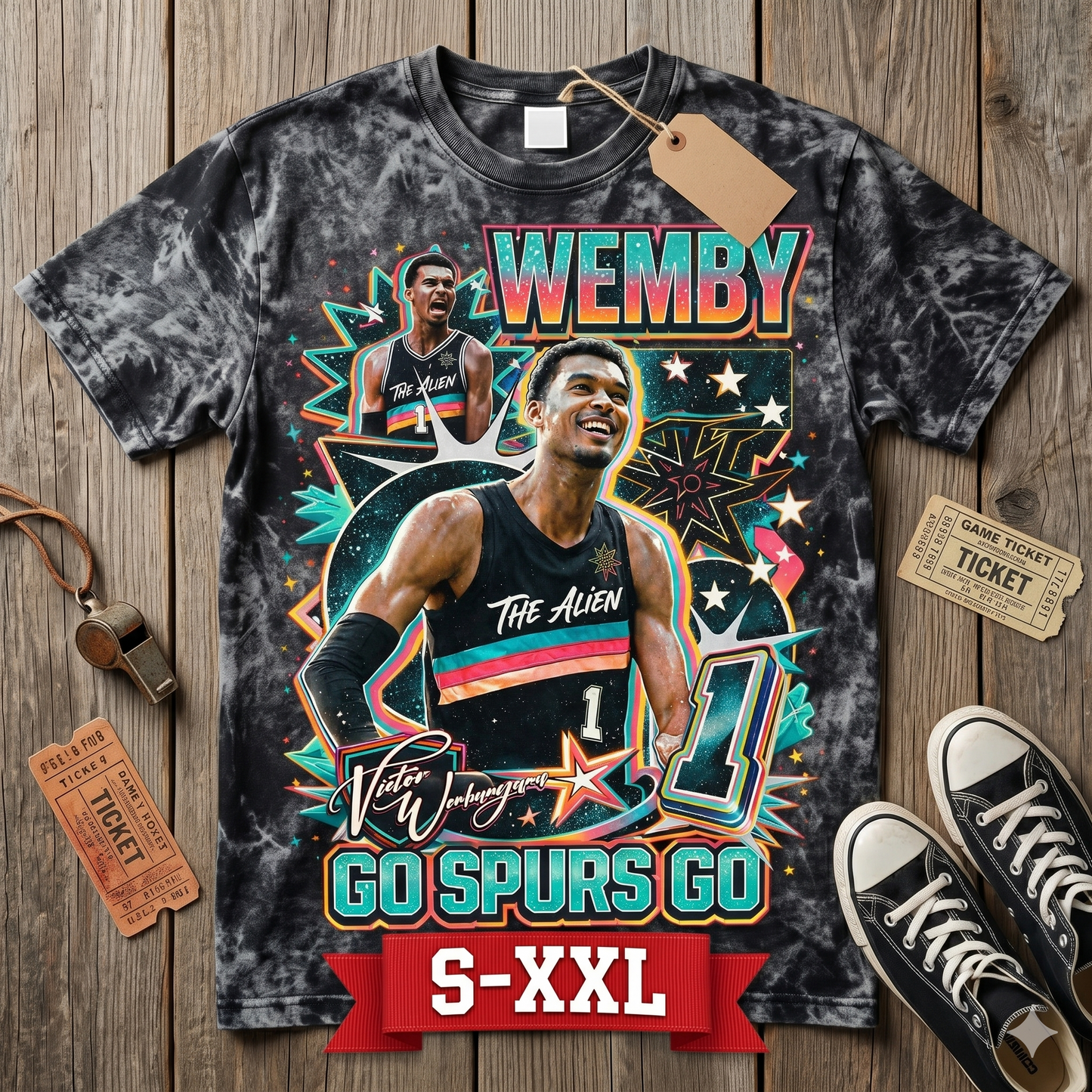 WEMBY ALIEN Jumbo Print Acid Washed Vintage 90s Style Heavyweight T Shirt