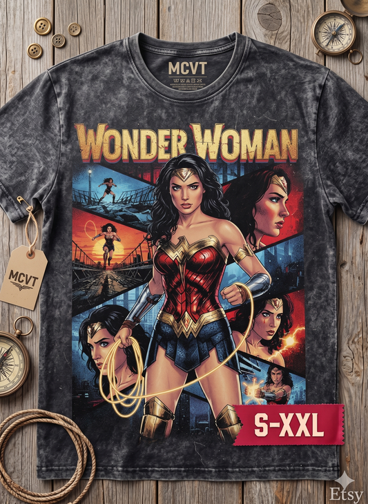 WONDER WOMAN Jumbo Print Acid Washed Vintage 90s Style Heavyweight T-Shirt