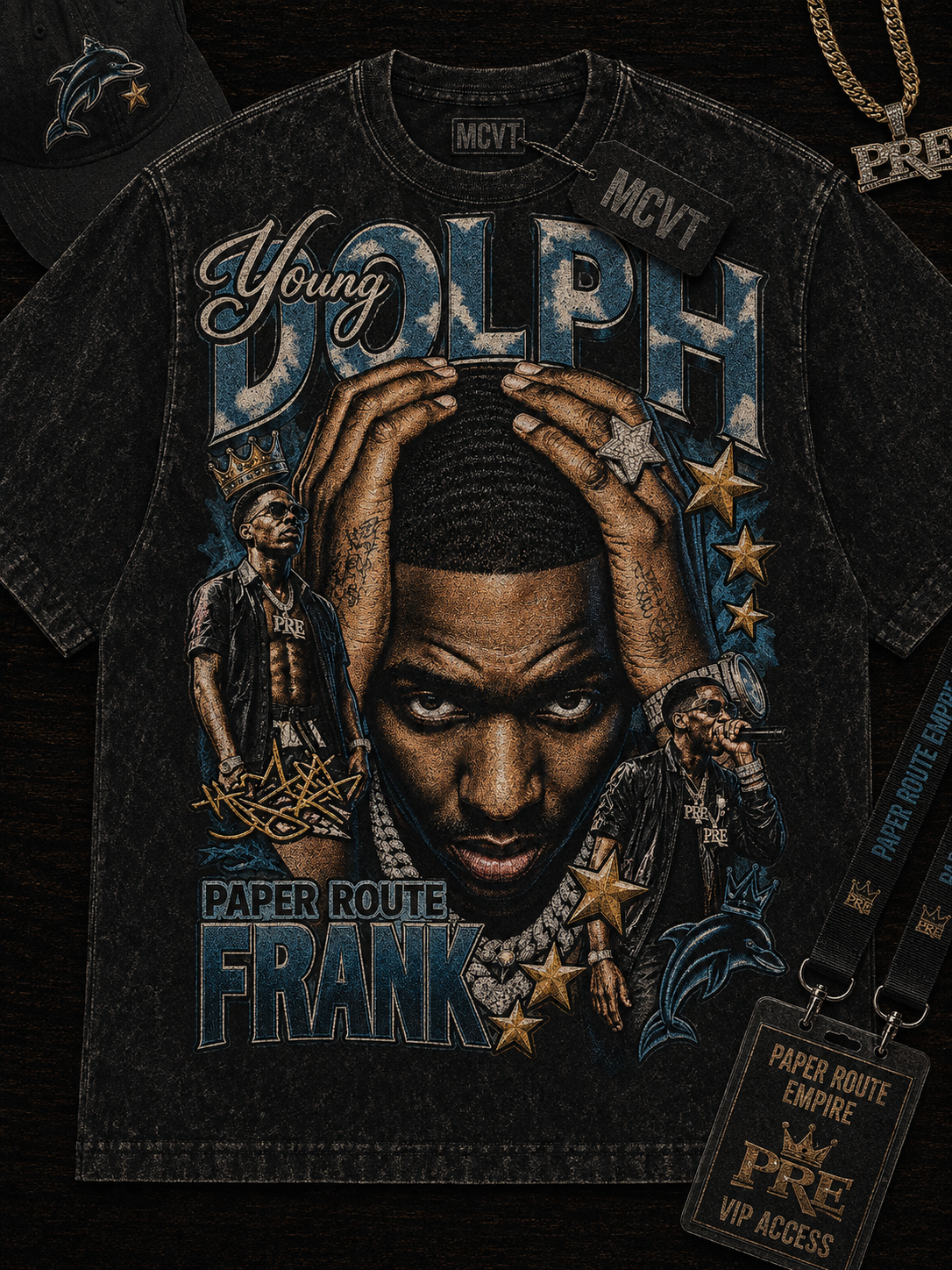 YOUNG DOLPH Jumbo Print Acid Washed Vintage 90s Style Heavyweight T-Shirt