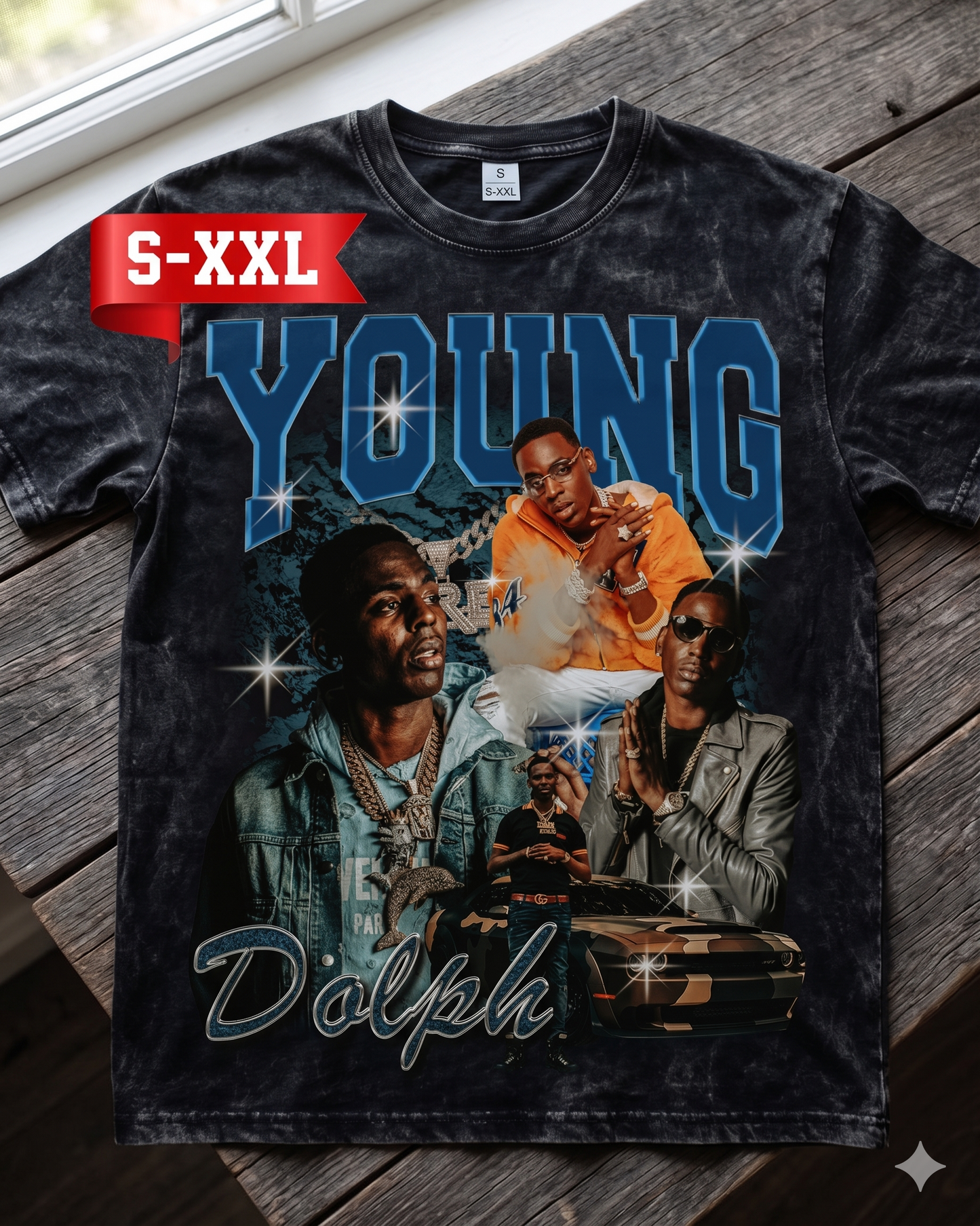 YOUNG DOLPH Jumbo Print Acid Washed Vintage 90s Style Heavyweight T Shirt