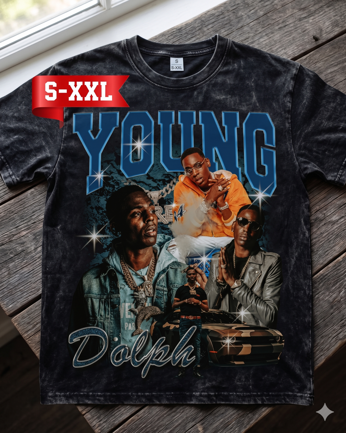 YOUNG DOLPH Jumbo Print Acid Washed Vintage 90s Style Heavyweight T Shirt